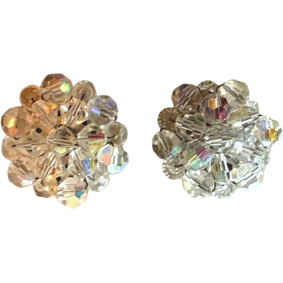 Vintage Aurora Borealis Crystal Cluster Clip-On Earrings - Picture 2 of 3